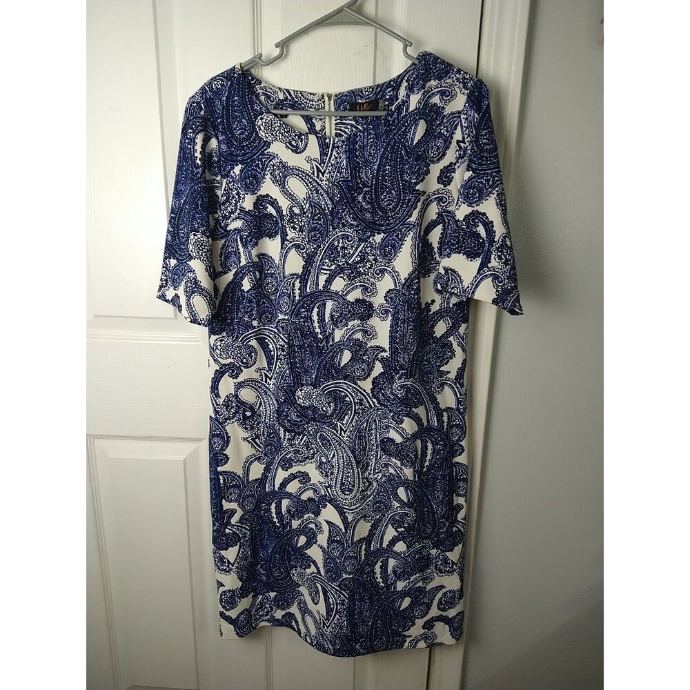 LLE New York Woman 12 Paisley Blue White Sheath Back Zip Dress SS Workwear Midi